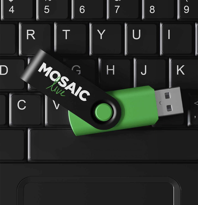 Mosaic Live logo applied on a USB pen drive 