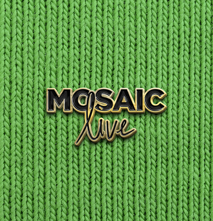 Mosaic Live logo one color version applied on a metallic pin 