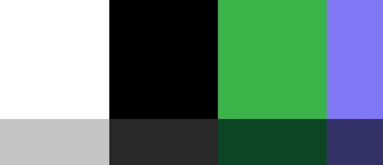 Color palette of Mosaic Live. White, Black, Green, Purple and their darker versions