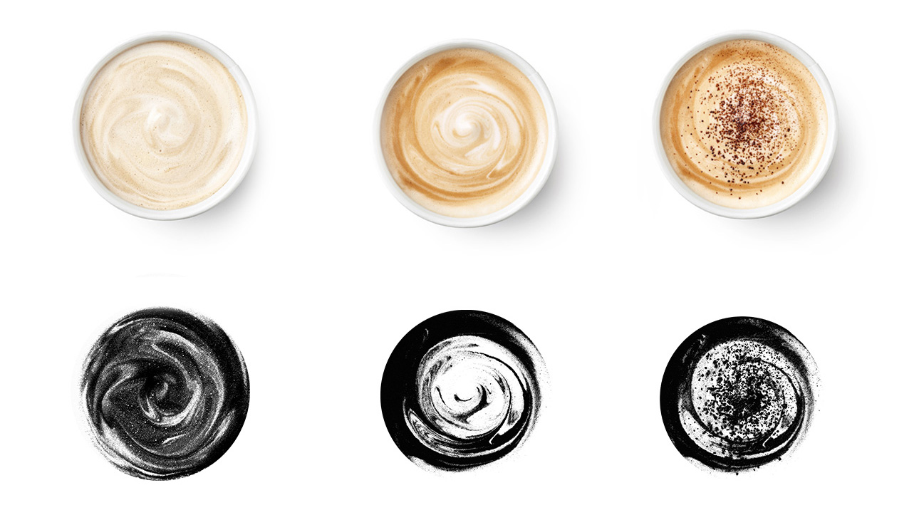 Top view of 3 coffee cu
ps and each showing below transformed into the logo of Paiën