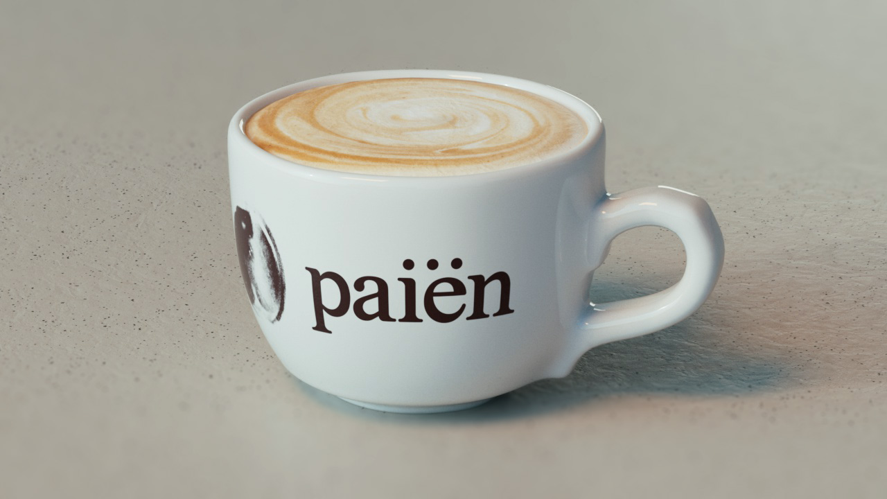 Coffee cup render of a cappuccino with the logo of Paiën on the side