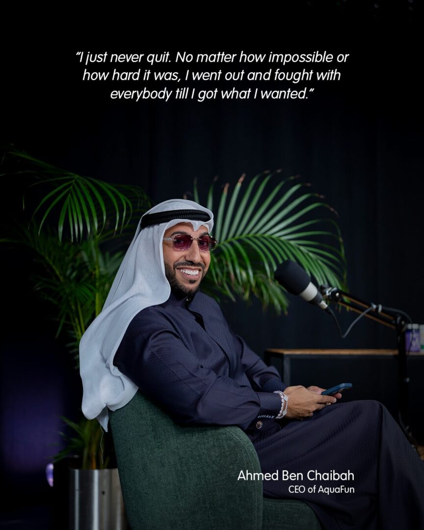 Creative content of Elena seranova BTS of her podcast with Ahmen Ben Chaibah CEO of AquaFun — production and creative direction by Main Division