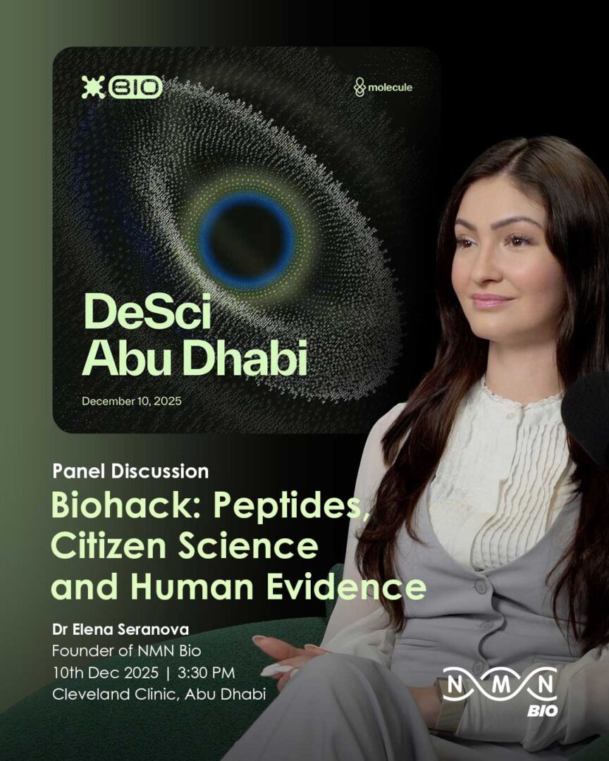 Creative content for Elena Seranova founder of NMN Bio during DeSci Abu — client of Main Division