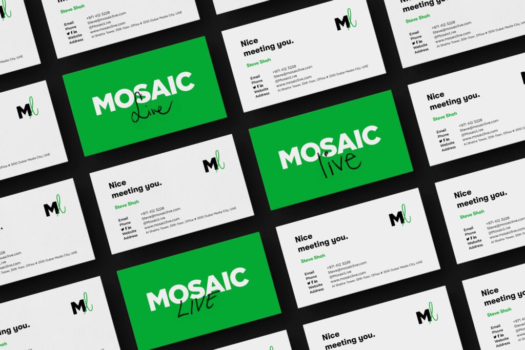 Mosaic Live logo with different hand written "Live" words on special edition business cards, creative design and brand identity by Main Division
