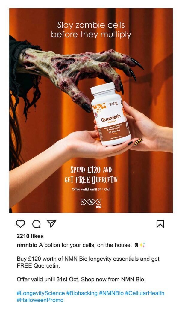 Creative content featuring AI image of a zombie for halloween social media of NMN Bio — client of Main Division